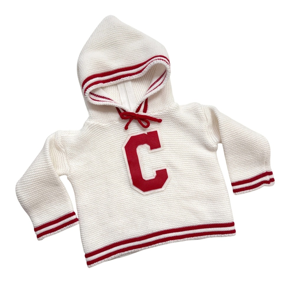 Vintage Baby Zip-Back Knit Hooded Sweater C Applique Red White Baby 0-3 Months‎